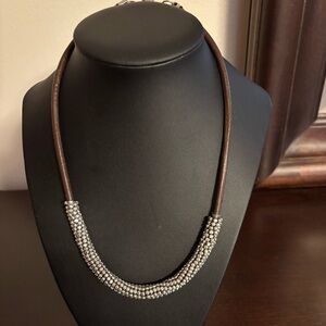 Silver Tone Microbead Coil Brown Leather Cord Necklace with extension clasp.